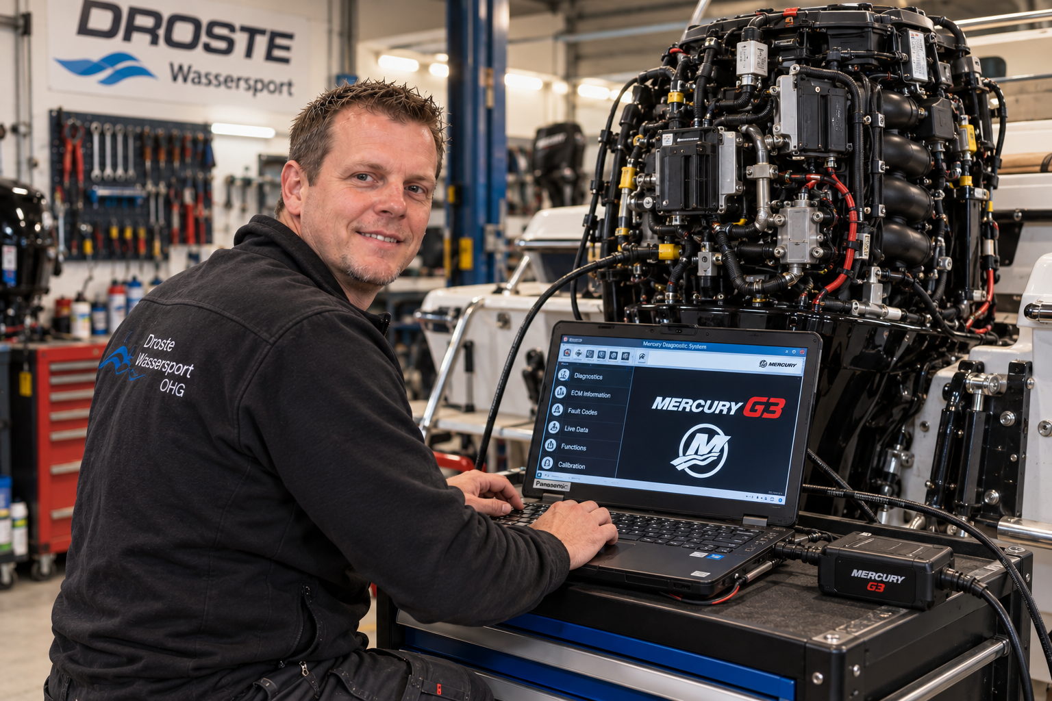 Rüdiger bei der Computerdiagnose an einem geöffneten Mercury Außenborder